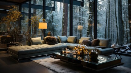 A glass room in a snowy forest, with a modern and minimalist aesthetic, harmoniously blends with the dark and moody landscape, creating a warm and welcoming ambiance thanks to natural light - obrazy, fototapety, plakaty