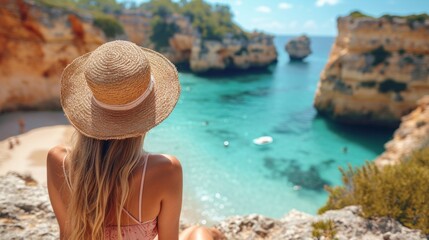 view from the back Happy woman enjoying view of beautiful Beach sunny day background