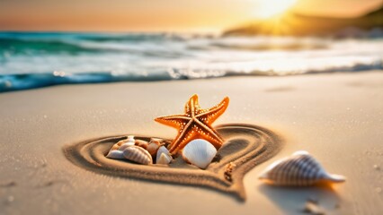 Fototapeta na wymiar Une belle étoile de mer, des coquillages dans un coeur tracé dans le sable de la plage, signifiant, l'amour, l'union, la paix ou l'amitié.