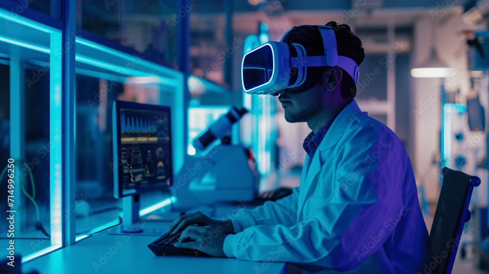 Poster man wearing a white lab coat, using a vr headset and typing on a computer. generative ai