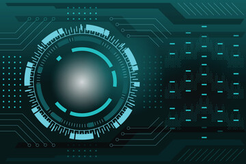 Futuristic technology circles, circuit lines and digital motion dot waves on dark green background. Vector Illustration for digital computer technology business concept.