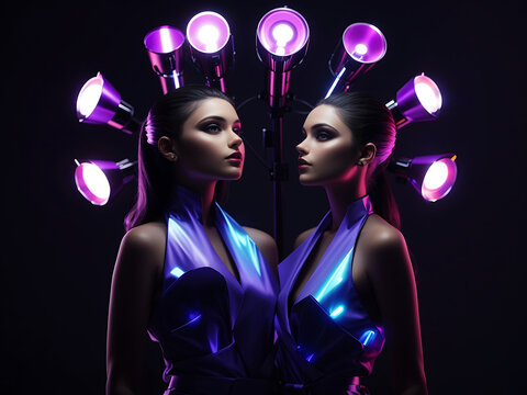 beautiful stylish women model posing with two ultraviolet lamps for a fashion shoot, isolated on black design.