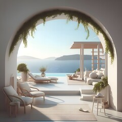 minimalism arch gate view to the sea beach living santorini island style. Generative AI