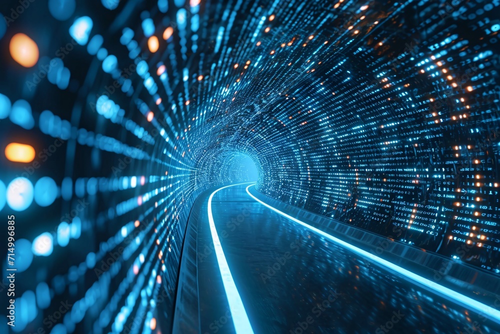 Poster a blue tunnel with a lighted path generative ai