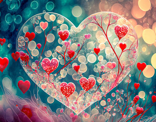 Gros coeur translucide rempli de coeurs rouge et blancs style fleuri avec un magnifique bokeh, Saint Valentin, mariage, sentiment d'amour et de romantisme