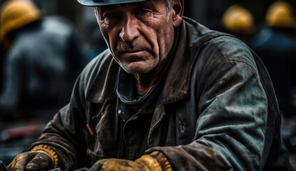 Obraz premium Portrait of old dirty construction worker at construction site