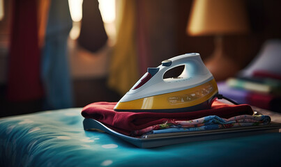 an iron with a pile of ironed laundry.