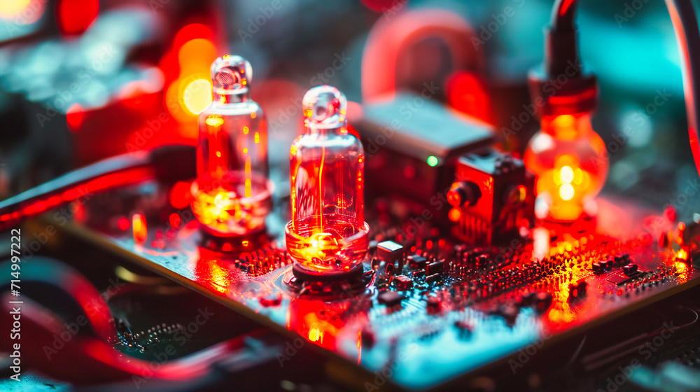 Poster retro electronic components: close-up of retro electronic components on a circuit board, showcasing 