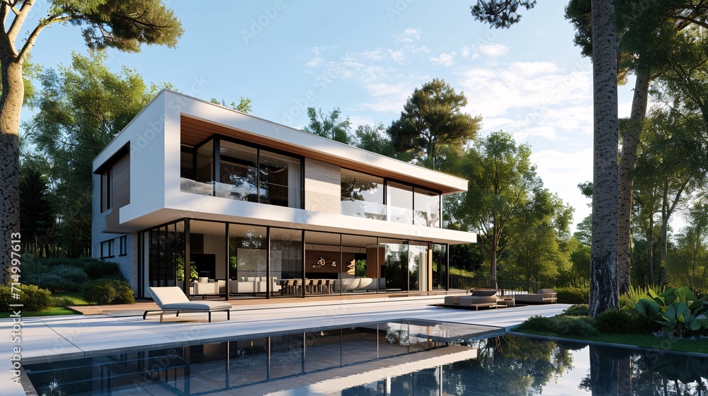 Poster modern house with large windows and swimming pool generative ai
