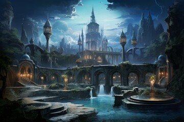 Bewitching moonstone fountains in Fantasy - Generative AI
