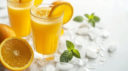 Fototapeta premium Orange juice with mint and ice on a white background, garnished with a slice of orange.