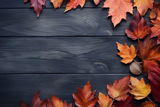 Autumn leaves arranged artistically on a distressed wooden backdrop, capturing the essence of fall. Minimal background. Flat lay, top view, copy space.