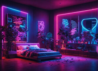 A room with neon Light, Gaming Desk