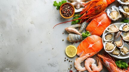 Assorted seafood and spices on a gray background.