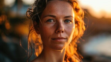 A close-up portrait of a woman with freckles, gazing outside with a subtle smile. - obrazy, fototapety, plakaty