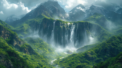 Flowing waterfalls, descending from the tops of the etheric mountains, create the impression of in