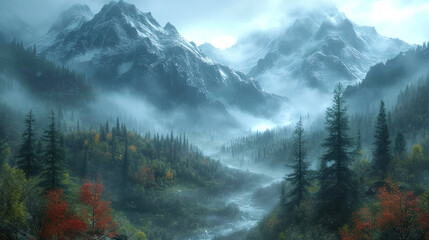 Foggy valleys and forests, extending at the foot of the etheric mountains, as if they invite the v
