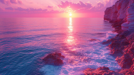 Fototapeta premium From bright pink to deep burgundy: the sunset gradient against the ocean creates an atmosphere of