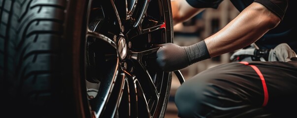 A skilled car mechanic changes tire on a car wheel. Tire change concept