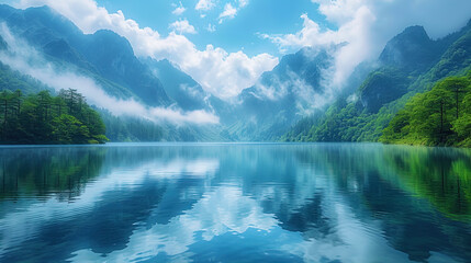Mountains, clouds and water merge into one, creating a photo with the effect of weightlessness and