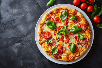 Delicious Italian pizza with melted mozzarella, juicy cherry tomatoes, and pepperoni slices, garnished with fresh basil leaves, served on  white plate against a contrasting dark textured stone surface