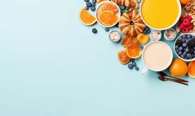 Top view of Healthy breakfast concept with fresh pancakes, berries, fruit on light blue backgroudt. Free space for your text.
