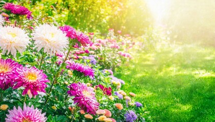 beautiful flower garden with blooming asters and different flowers in sunlight landscape design spring background with copy space