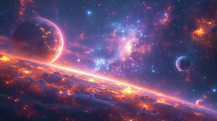 The dark cosmic background, where bright planets and luminous stars create a feeling of space guid