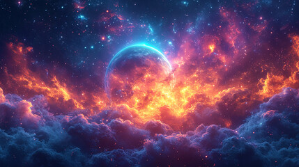 The dark cosmic background, where bright planets and sparkling stars create the impression of an e