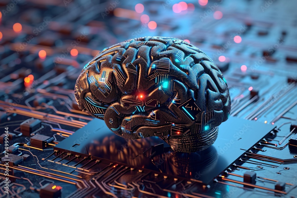 Poster a 3d rendered brain with blue and red lights generative ai