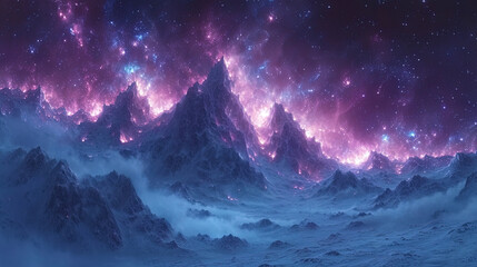 The etheric mountains are framed by bright stars give the impression of the gate in the cosmic dis