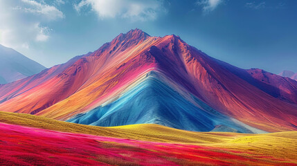 The etheric mountains, covered with bright colors, create the impression of a huge flower garden i - obrazy, fototapety, plakaty