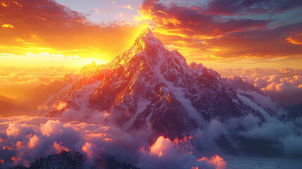 The etheric mountains, immersed in the golden light of sunrise, recall a magnificent stage from a - obrazy, fototapety, plakaty