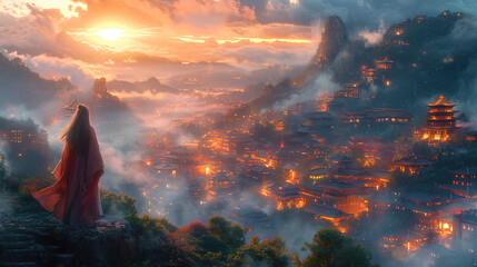 The etheric mountains, illuminated by light of lanterns, create the impression of a night city lan