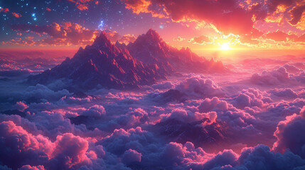Fototapeta na wymiar The etheric mountains in the clouds, illuminated by bright stars, as if attracting the viewer in a