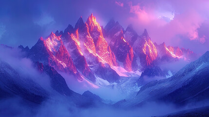 The etheric mountains in the purple light create the impression of a magical evening and mysteriou