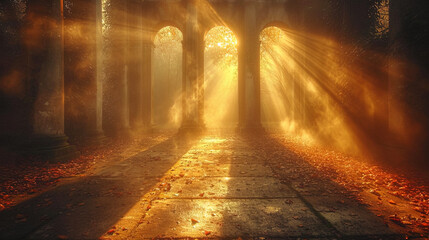 The geometric portal, shrouded in light, like a gate into an invisible world, creates the impressi