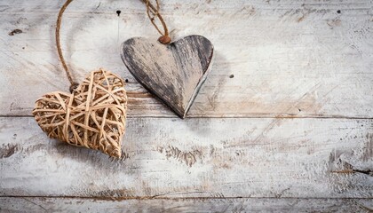 two rustic decorative hearts on vintage wooden background