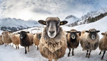 Foto op Plexiglas a sheep herd with ram breed valaska close up in winter © Charlotte