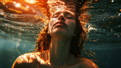 Woman underwater with sunbeams and air bubbles