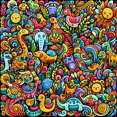 Rainbow Safari: Colorful Animals doodle art pattern with various animals