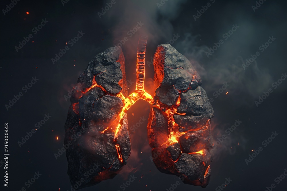 Poster a 3d illustration of a lung with a fire inside generative ai