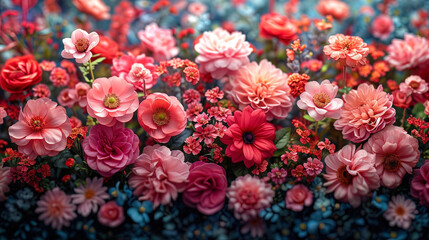 The textile background in the style of Valentine, with patterns of red and pink flowers, creates a
