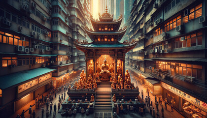 Majestic Traditional Temple Amidst High-Rise Urban Buildings at Dusk - obrazy, fototapety, plakaty