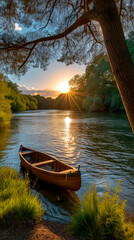 Fototapeta premium A canoe are gently resting on the calm water near the lush green shore. The sun is low in the sky, casting a warm golden light that reflects off the water's surface.