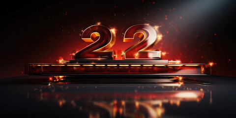 Golden-red 3D number 22 on black background . Anniversary 22. Poster template for Celebrating 22th anniversary event party. Banner. Copy space
