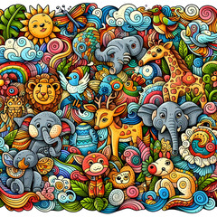 Fototapeta premium Rainbow Safari: Colorful Animals doodle art pattern with various animals