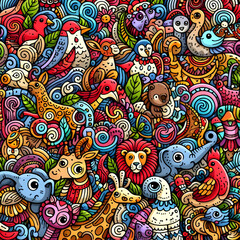 Rainbow Safari: Colorful Animals doodle art pattern with various animals