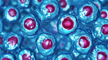 Embryonic stem cells colony under a microscope. Cellular therapy and research of regeneration and disease treatment in seamless 3D illustration. Biology and medicine of human body concept. 4K