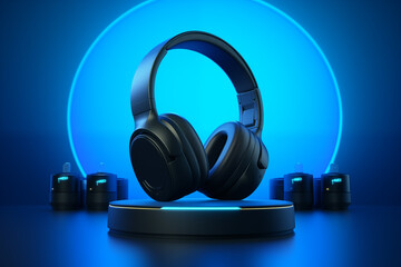 Fototapeta na wymiar 3d render headphones on dark blue. Generative ai